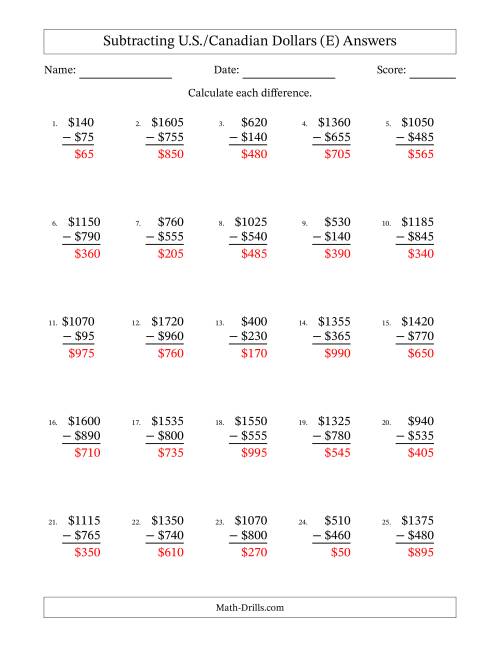 The Subtracting U.S./Canadian Dollars With Amounts from 5 to 995 in Increments of Five Dollars (E) Math Worksheet Page 2