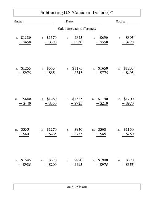 The Subtracting U.S./Canadian Dollars With Amounts from 5 to 995 in Increments of Five Dollars (F) Math Worksheet