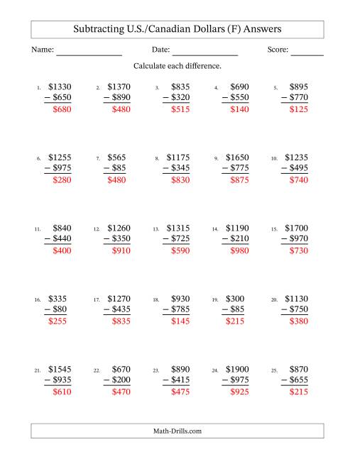 The Subtracting U.S./Canadian Dollars With Amounts from 5 to 995 in Increments of Five Dollars (F) Math Worksheet Page 2