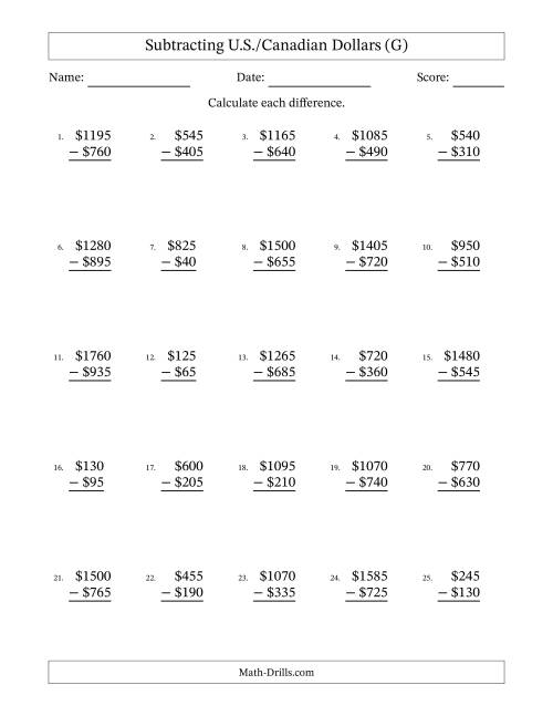 The Subtracting U.S./Canadian Dollars With Amounts from 5 to 995 in Increments of Five Dollars (G) Math Worksheet