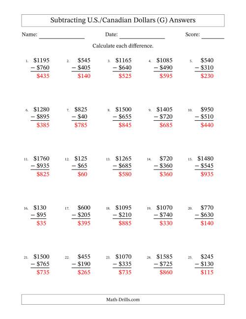 The Subtracting U.S./Canadian Dollars With Amounts from 5 to 995 in Increments of Five Dollars (G) Math Worksheet Page 2