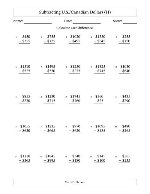 The Subtracting U.S./Canadian Dollars With Amounts from 5 to 995 in Increments of Five Dollars (H) Math Worksheet