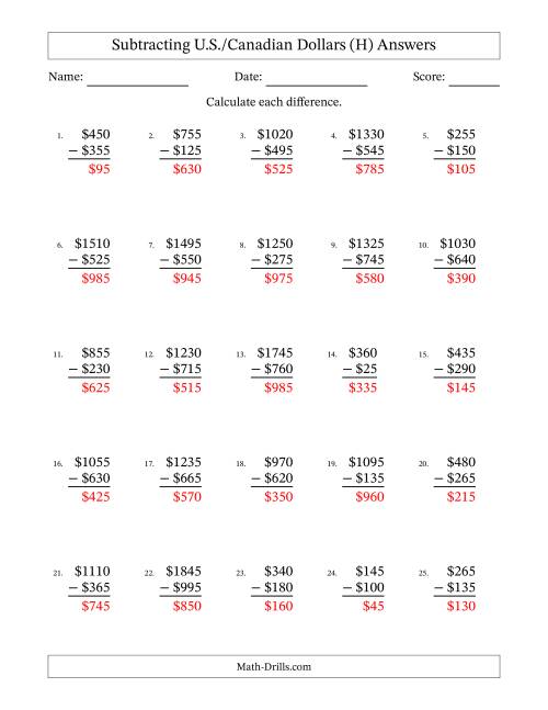 The Subtracting U.S./Canadian Dollars With Amounts from 5 to 995 in Increments of Five Dollars (H) Math Worksheet Page 2