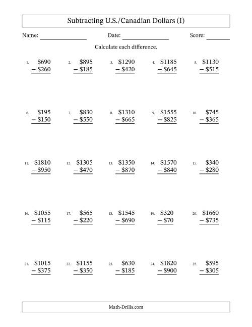 The Subtracting U.S./Canadian Dollars With Amounts from 5 to 995 in Increments of Five Dollars (I) Math Worksheet