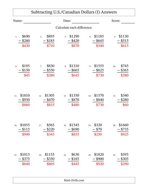 The Subtracting U.S./Canadian Dollars With Amounts from 5 to 995 in Increments of Five Dollars (I) Math Worksheet Page 2