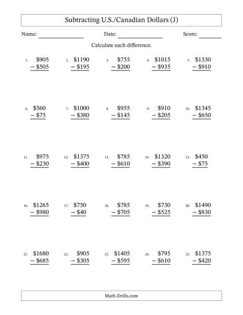 The Subtracting U.S./Canadian Dollars With Amounts from 5 to 995 in Increments of Five Dollars (J) Math Worksheet