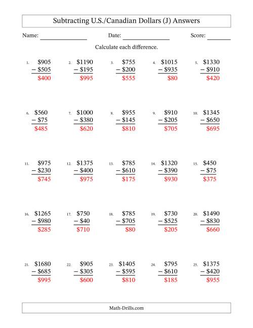 The Subtracting U.S./Canadian Dollars With Amounts from 5 to 995 in Increments of Five Dollars (J) Math Worksheet Page 2