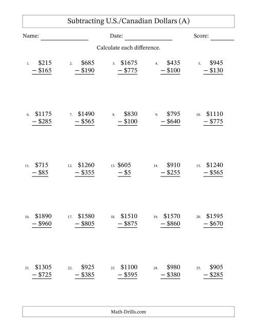 The Subtracting U.S./Canadian Dollars With Amounts from 5 to 995 in Increments of Five Dollars (All) Math Worksheet