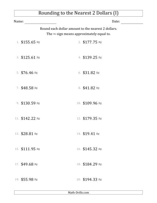 The Rounding dollar amounts to the nearest 2 dollars (I) Math Worksheet