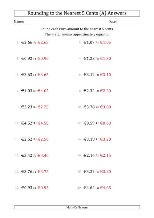 The Rounding Euro amounts to the nearest 5 cents (All) Math Worksheet Page 2