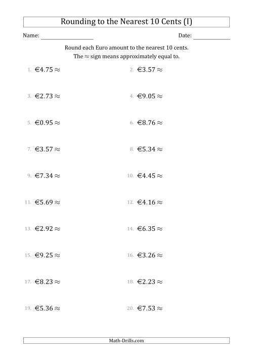 The Rounding Euro amounts to the nearest 10 cents (I) Math Worksheet