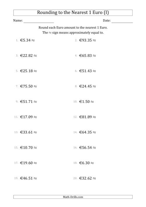 The Rounding Euro amounts to the nearest 1 Euro (I) Math Worksheet