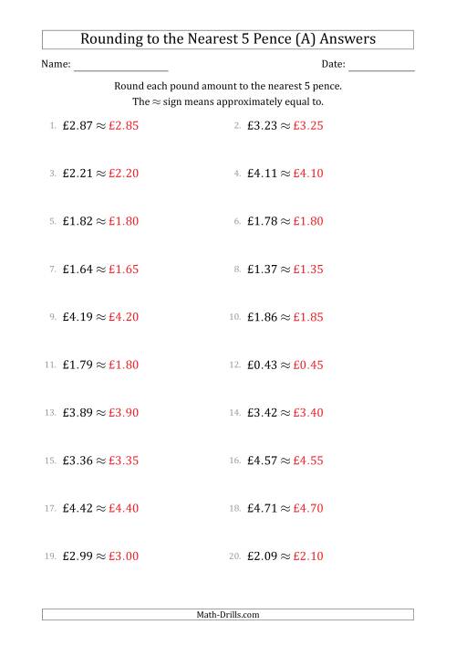 The Rounding pound amounts to the nearest 5 pence (All) Math Worksheet Page 2