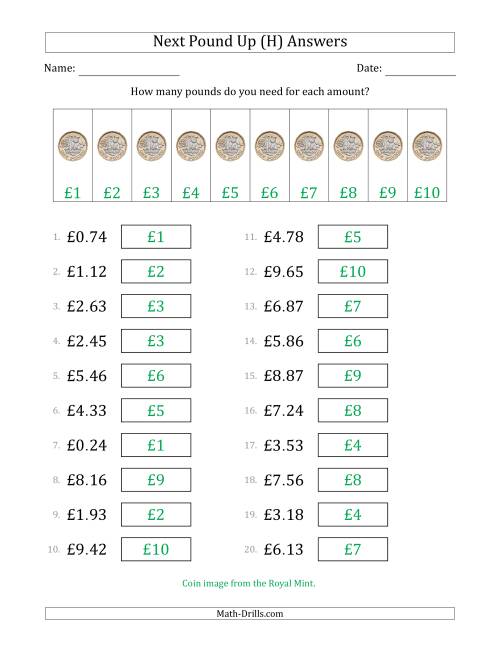 The Next Pound Up Strategy with Amounts to £10 (U.K.) (H) Math Worksheet Page 2