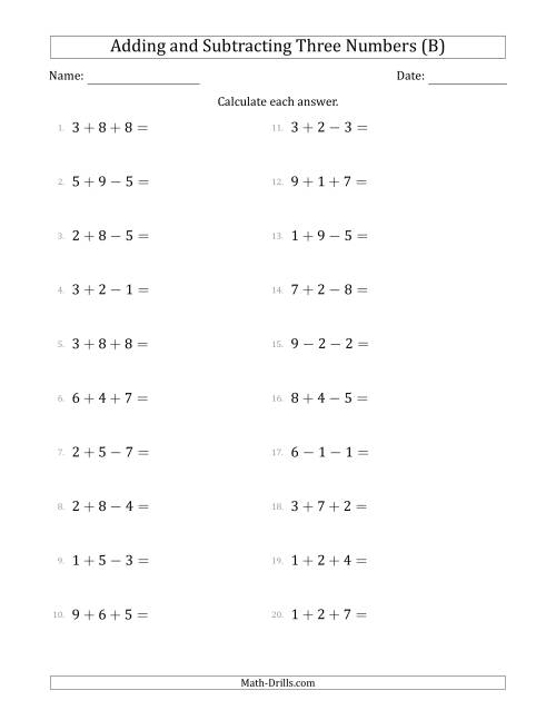 The Adding and Subtracting Three Numbers Horizontally (Range 1 to 9) (B) Math Worksheet