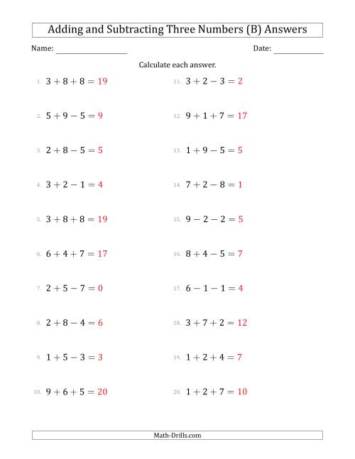 The Adding and Subtracting Three Numbers Horizontally (Range 1 to 9) (B) Math Worksheet Page 2