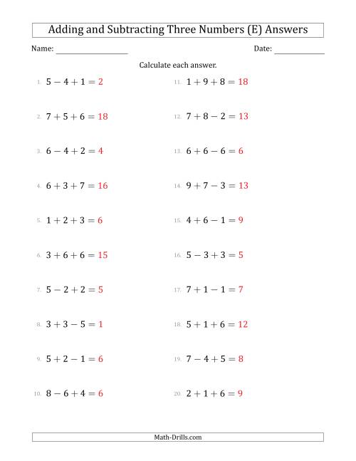 The Adding and Subtracting Three Numbers Horizontally (Range 1 to 9) (E) Math Worksheet Page 2