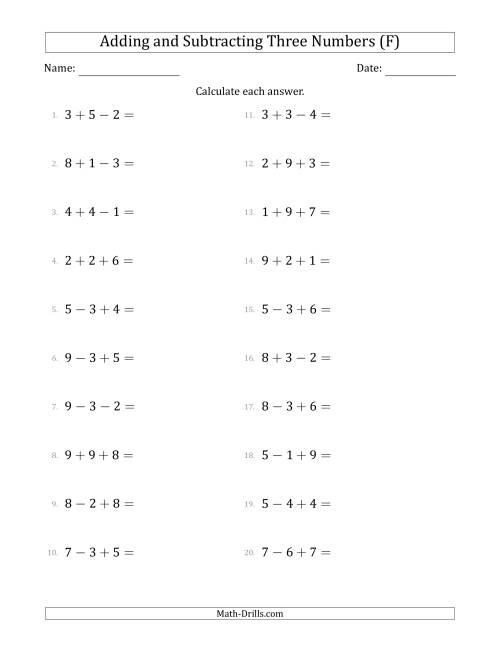 The Adding and Subtracting Three Numbers Horizontally (Range 1 to 9) (F) Math Worksheet