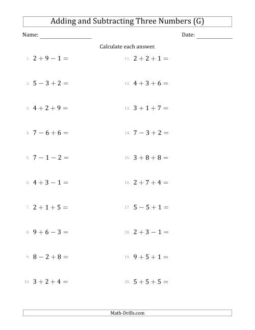 The Adding and Subtracting Three Numbers Horizontally (Range 1 to 9) (G) Math Worksheet