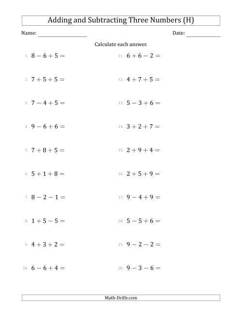 The Adding and Subtracting Three Numbers Horizontally (Range 1 to 9) (H) Math Worksheet