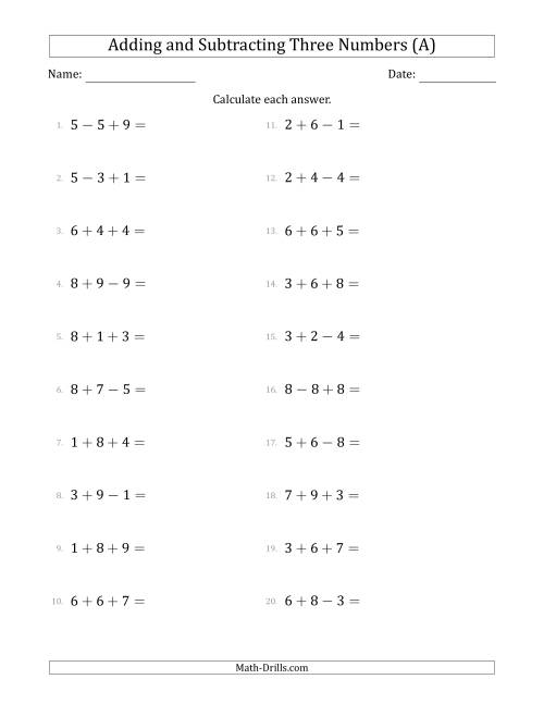 The Adding and Subtracting Three Numbers Horizontally (Range 1 to 9) (All) Math Worksheet