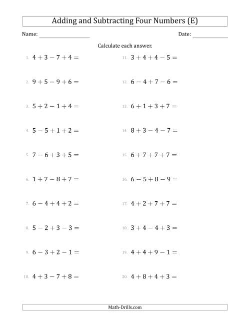 The Adding and Subtracting Four Numbers Horizontally (Range 1 to 9) (E) Math Worksheet