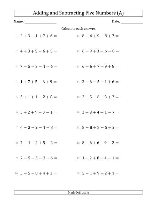 The Adding and Subtracting Five Numbers Horizontally (Range 1 to 9) (A) Math Worksheet