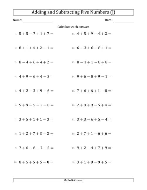 The Adding and Subtracting Five Numbers Horizontally (Range 1 to 9) (J) Math Worksheet