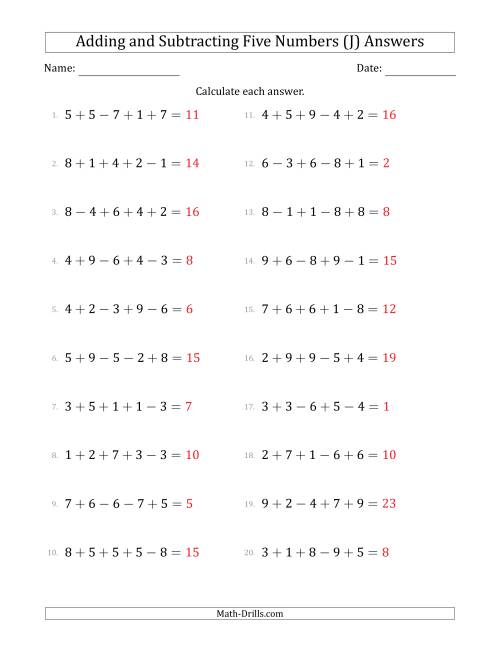The Adding and Subtracting Five Numbers Horizontally (Range 1 to 9) (J) Math Worksheet Page 2