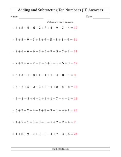 The Adding and Subtracting Ten Numbers Horizontally (Range 1 to 9) (H) Math Worksheet Page 2
