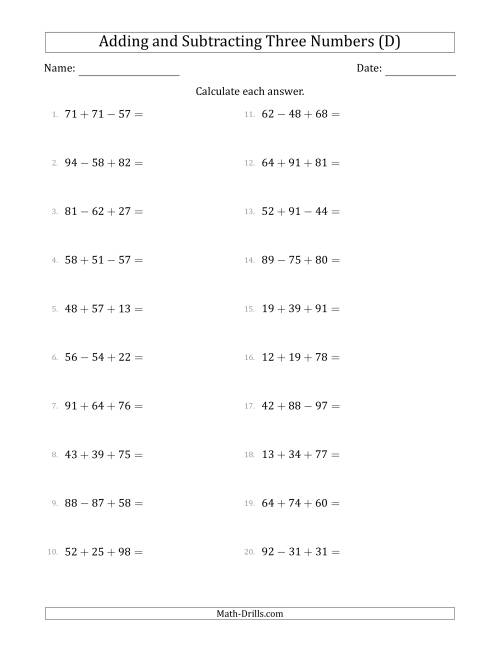 The Adding and Subtracting Three Numbers Horizontally (Range 10 to 99) (D) Math Worksheet