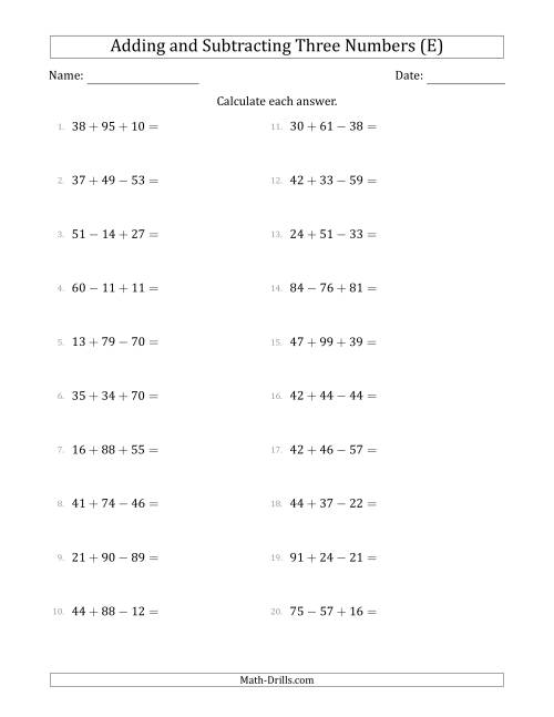 The Adding and Subtracting Three Numbers Horizontally (Range 10 to 99) (E) Math Worksheet
