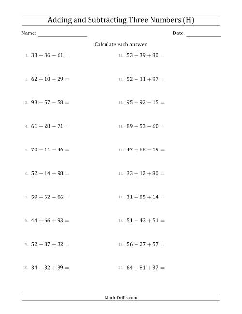 The Adding and Subtracting Three Numbers Horizontally (Range 10 to 99) (H) Math Worksheet
