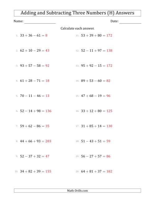 The Adding and Subtracting Three Numbers Horizontally (Range 10 to 99) (H) Math Worksheet Page 2