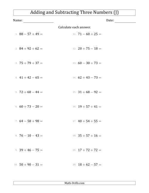 The Adding and Subtracting Three Numbers Horizontally (Range 10 to 99) (J) Math Worksheet