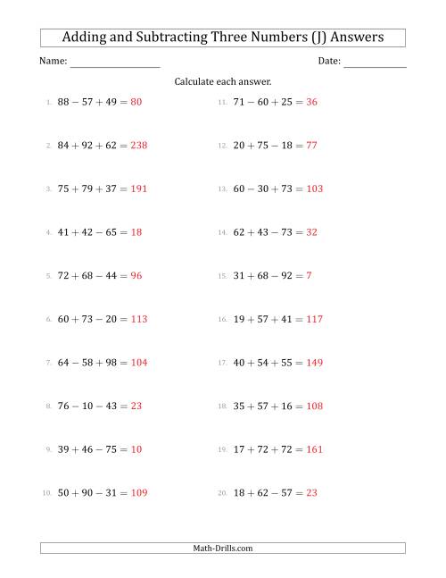 The Adding and Subtracting Three Numbers Horizontally (Range 10 to 99) (J) Math Worksheet Page 2