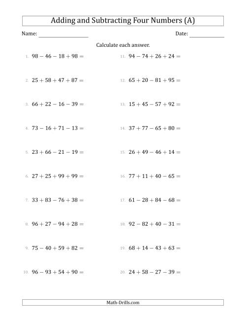 The Adding and Subtracting Four Numbers Horizontally (Range 10 to 99) (A) Math Worksheet