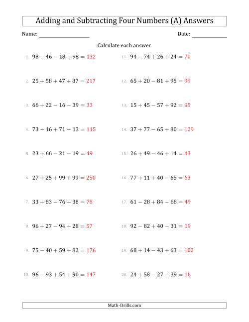 The Adding and Subtracting Four Numbers Horizontally (Range 10 to 99) (A) Math Worksheet Page 2