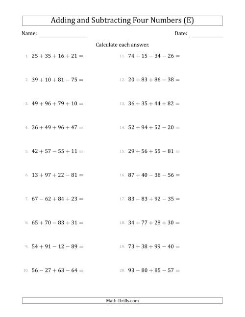 The Adding and Subtracting Four Numbers Horizontally (Range 10 to 99) (E) Math Worksheet