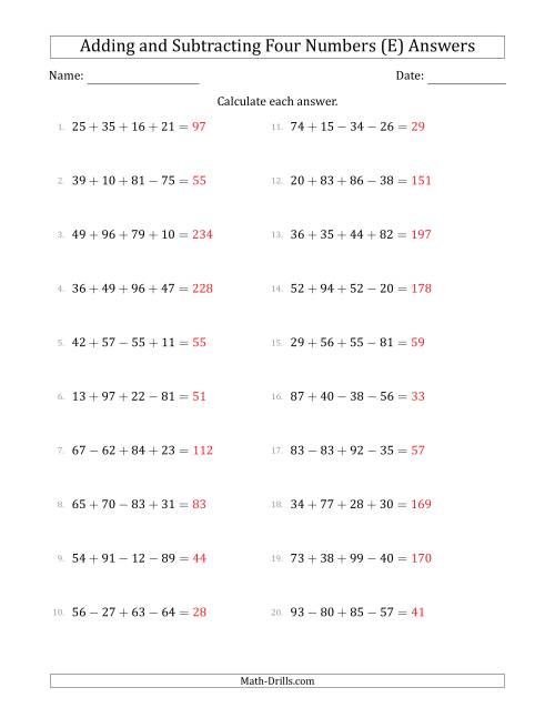 The Adding and Subtracting Four Numbers Horizontally (Range 10 to 99) (E) Math Worksheet Page 2