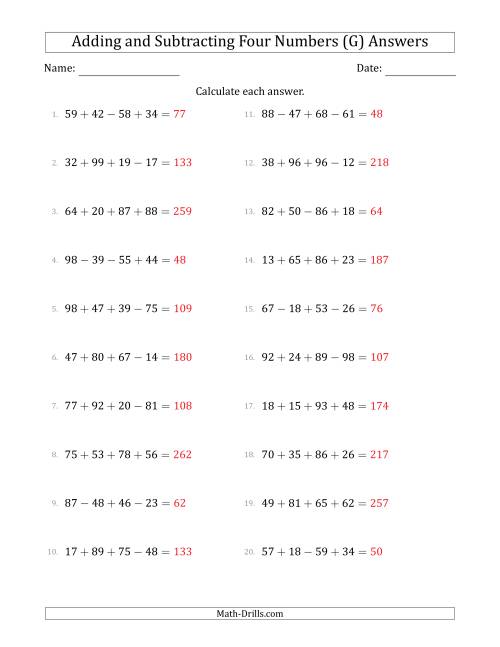 adding and subtracting four numbers horizontally range 10 to 99 g