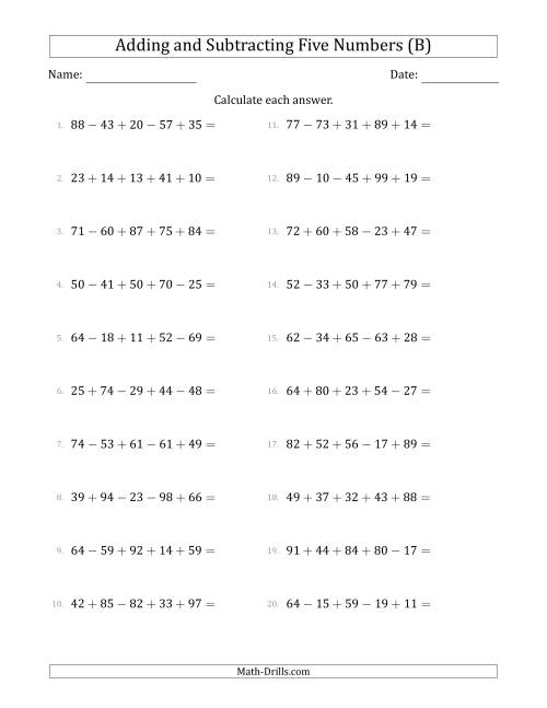 The Adding and Subtracting Five Numbers Horizontally (Range 10 to 99) (B) Math Worksheet