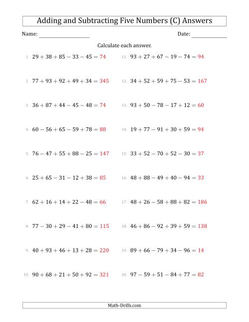 The Adding and Subtracting Five Numbers Horizontally (Range 10 to 99) (C) Math Worksheet Page 2