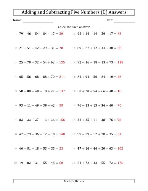 The Adding and Subtracting Five Numbers Horizontally (Range 10 to 99) (D) Math Worksheet Page 2
