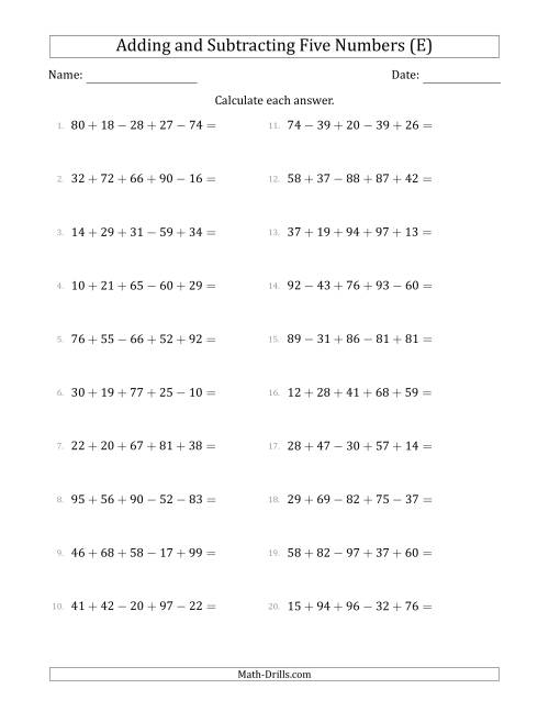 The Adding and Subtracting Five Numbers Horizontally (Range 10 to 99) (E) Math Worksheet
