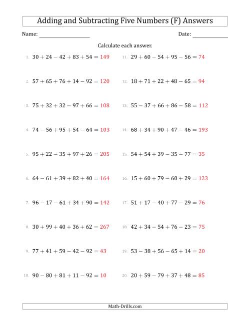 The Adding and Subtracting Five Numbers Horizontally (Range 10 to 99) (F) Math Worksheet Page 2
