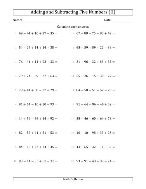 The Adding and Subtracting Five Numbers Horizontally (Range 10 to 99) (H) Math Worksheet