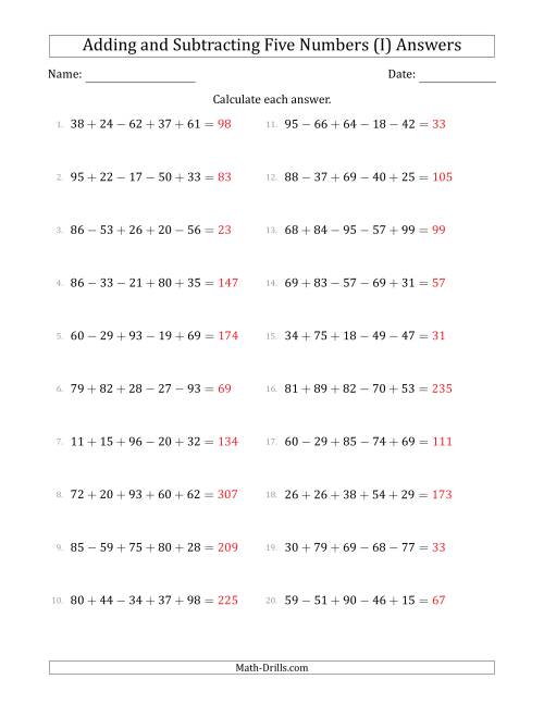 The Adding and Subtracting Five Numbers Horizontally (Range 10 to 99) (I) Math Worksheet Page 2