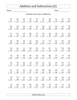 100 Two-Digit Addition and Subtraction Questions with Sums/Minuends to 99