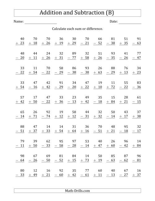 The 100 Two-Digit Addition and Subtraction Questions with Sums/Minuends to 99 (B) Math Worksheet